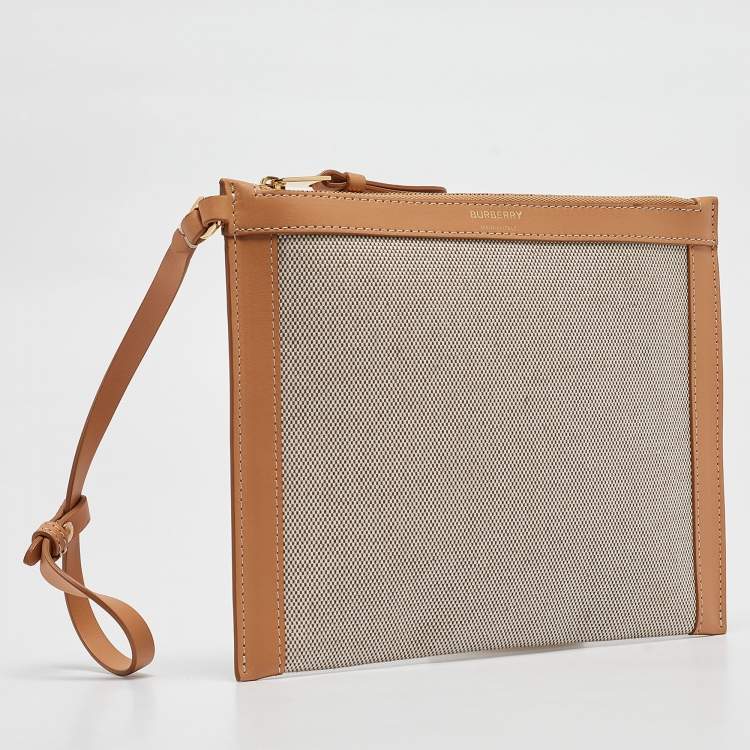 Pre Owned Burberry Beige/Tan Canvas and Leather Wristlet Pouch