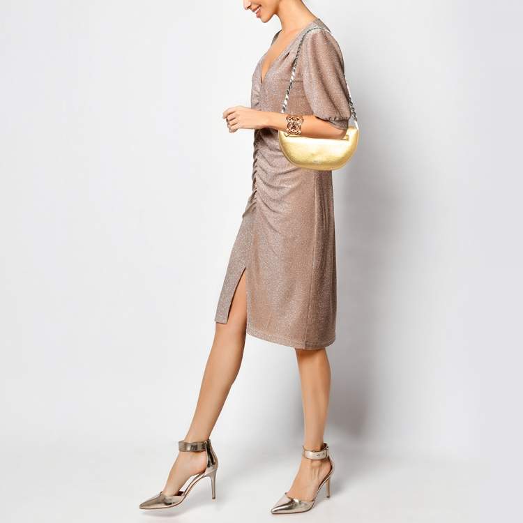 Pre Owned Burberry Gold Leather Mini Olympia Zip Chain Bag