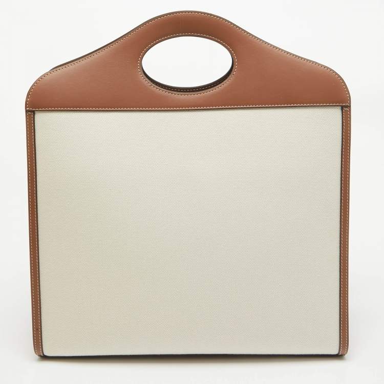 Pre Owned Burberry Beige/Brown Canvas and Leather Medium Pocket Bag