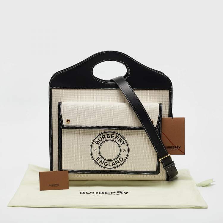 Pre Owned Burberry Black/White Canvas and Leather Medium Pocket Bag