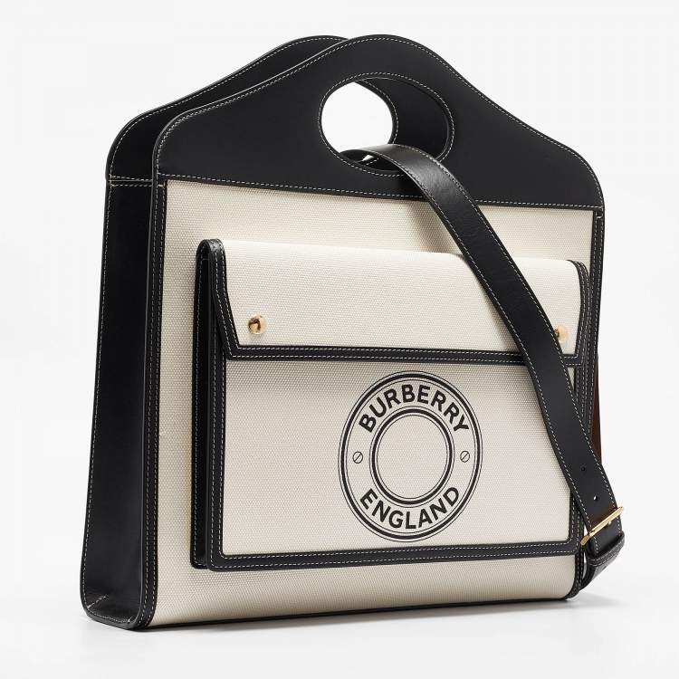 Pre Owned Burberry Black/White Canvas and Leather Medium Pocket Bag