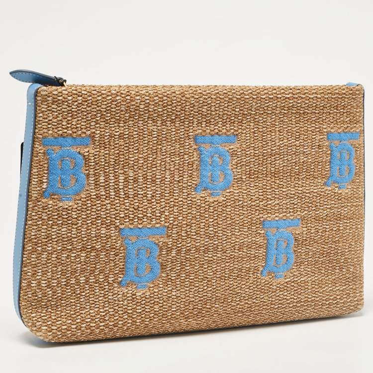 Pre Owned Burberry Natural/Blue Raffia Duncan Pouch 