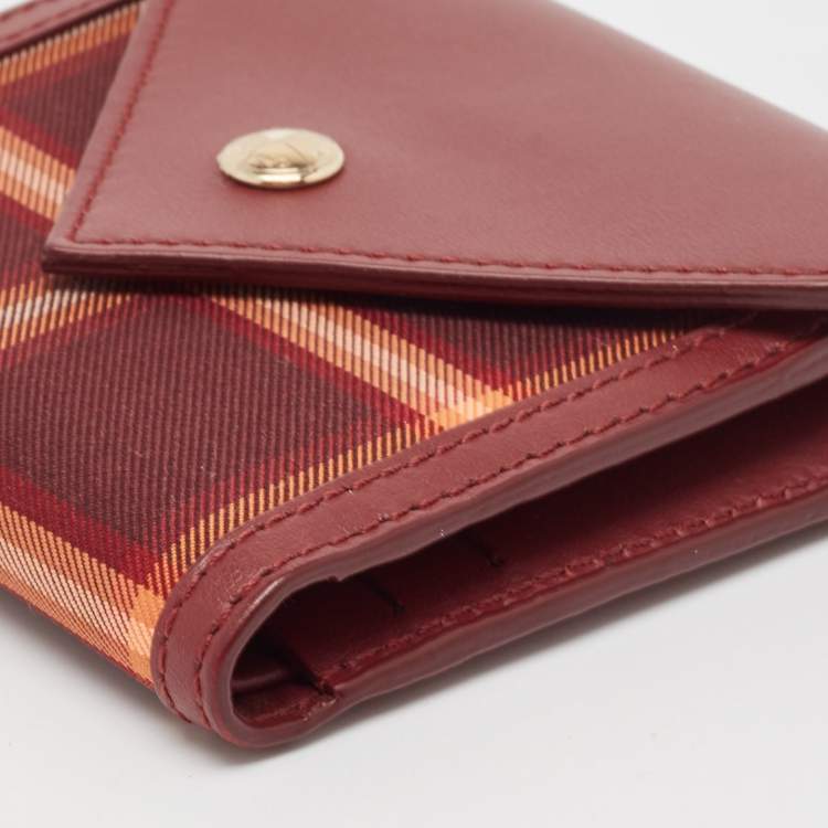 Pre Owned Burberry Burgundy Check Canvas and Leather Lila Trifold Wallet