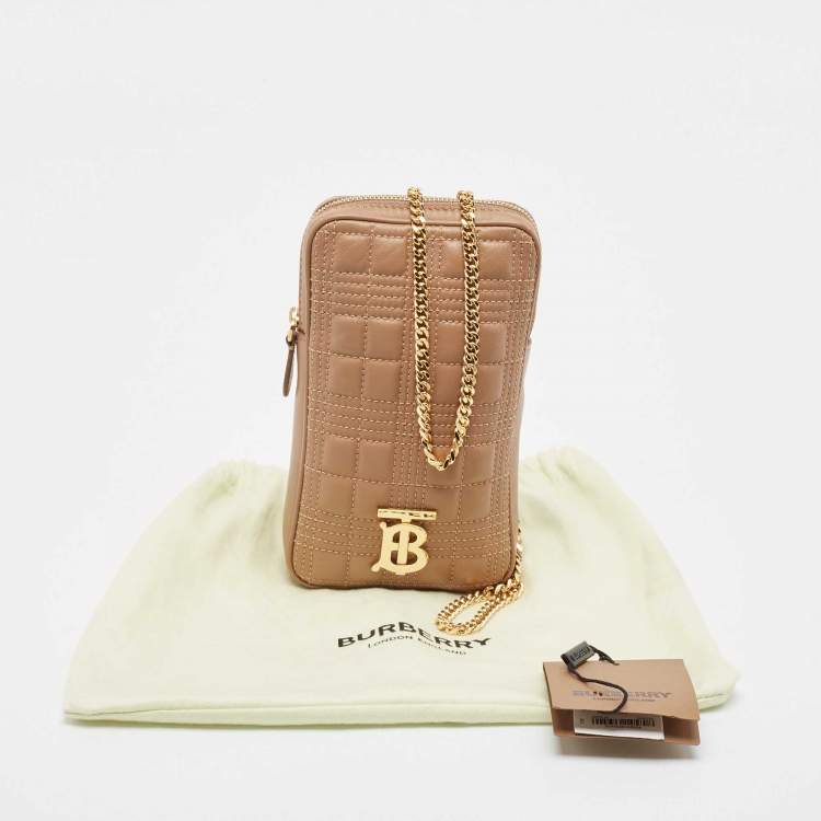 Pre Owned Burberry Camel Quilted Check Leather Mini Vertical Lola Crossbody Bag