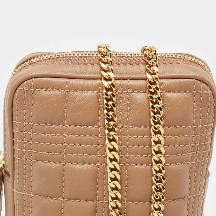 Pre Owned Burberry Camel Quilted Check Leather Mini Vertical Lola Crossbody Bag