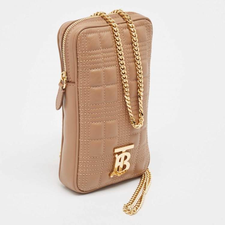 Pre Owned Burberry Camel Quilted Check Leather Mini Vertical Lola Crossbody Bag