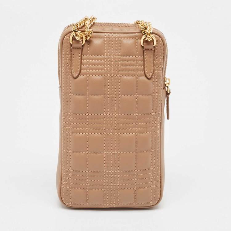 Pre Owned Burberry Camel Quilted Check Leather Mini Vertical Lola Crossbody Bag