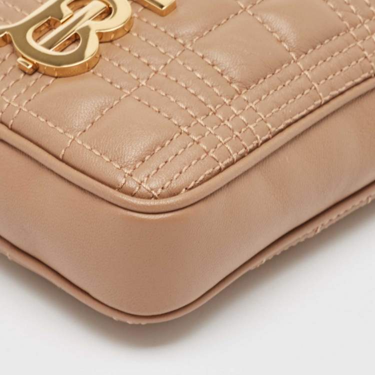 Pre Owned Burberry Camel Quilted Check Leather Mini Vertical Lola Crossbody Bag
