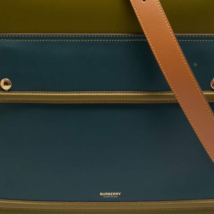 Pre Owned Burberry Juniper Green/Blue Leather Medium Pocket Tote