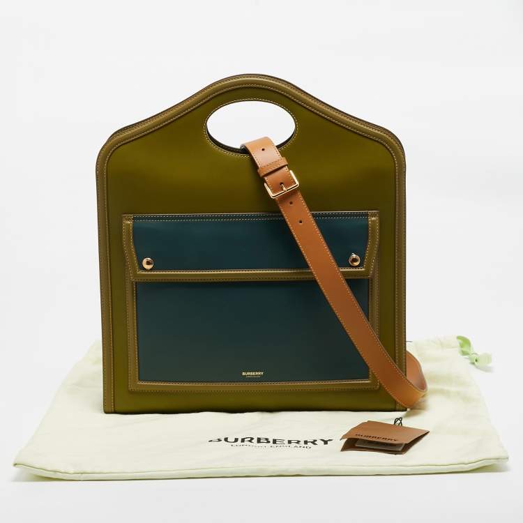 Pre Owned Burberry Juniper Green/Blue Leather Medium Pocket Tote