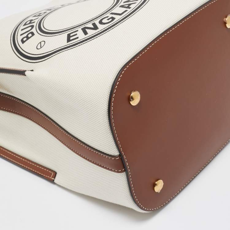 Pre Owned Burberry Off White/Brown Canvas and Leather Small Peggy Bucket Bag