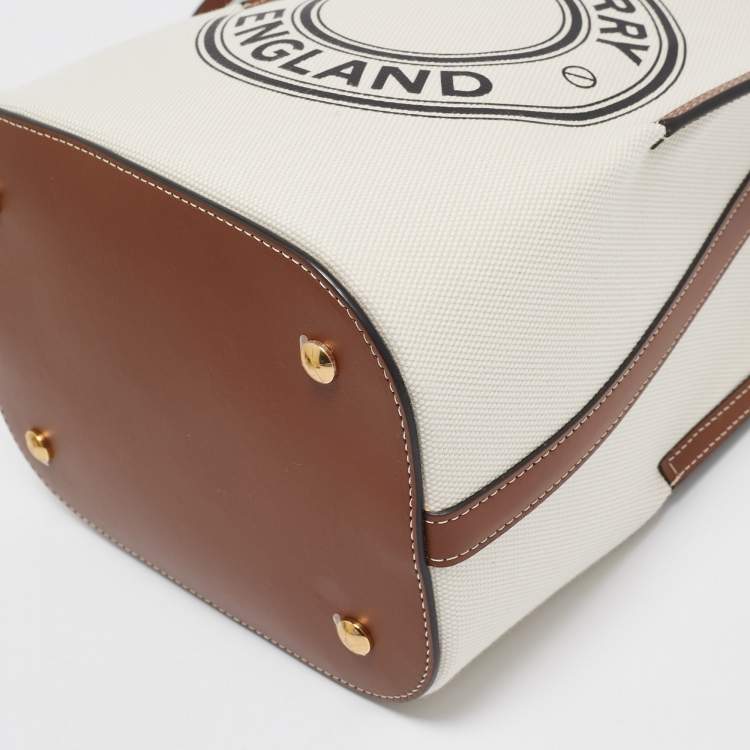 Pre Owned Burberry Off White/Brown Canvas and Leather Small Peggy Bucket Bag