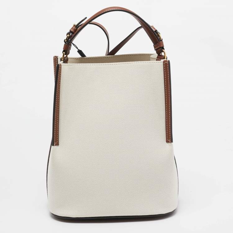 Pre Owned Burberry Off White/Brown Canvas and Leather Small Peggy Bucket Bag