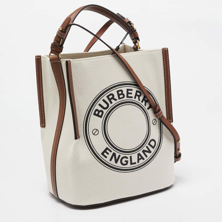 Pre Owned Burberry Off White/Brown Canvas and Leather Small Peggy Bucket Bag