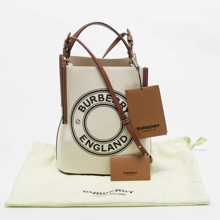 Pre Owned Burberry Off White/Brown Canvas and Leather Small Peggy Bucket Bag