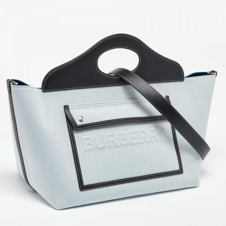Pre Owned Burberry Blue/Black Canvas and Leather Soft Pocket Debossed Logo Tote