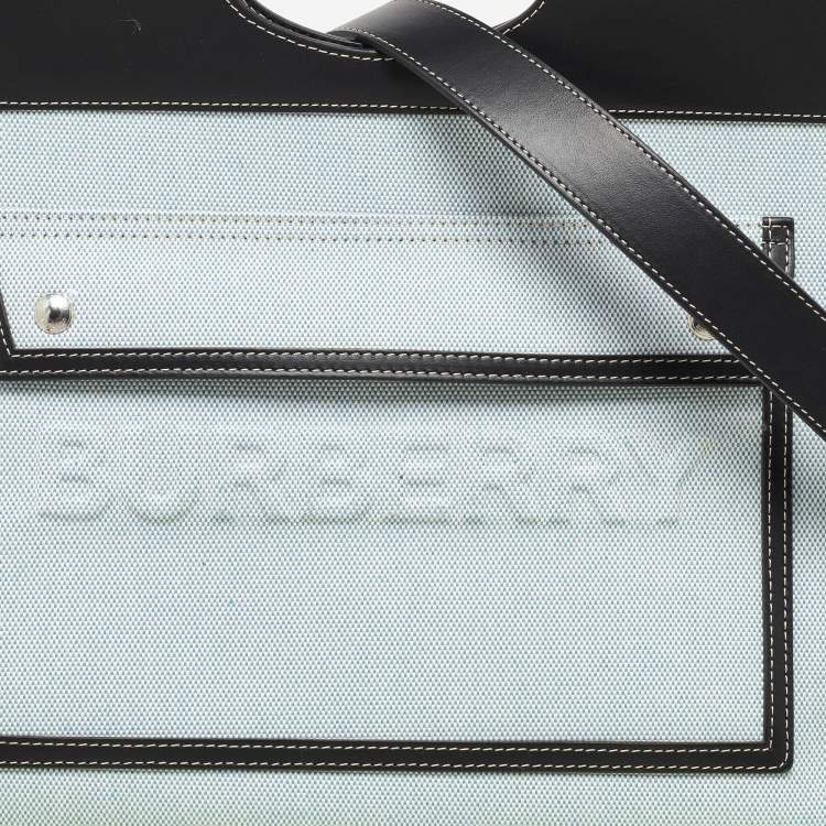Pre Owned Burberry Blue/Black Canvas and Leather Soft Pocket Debossed Logo Tote