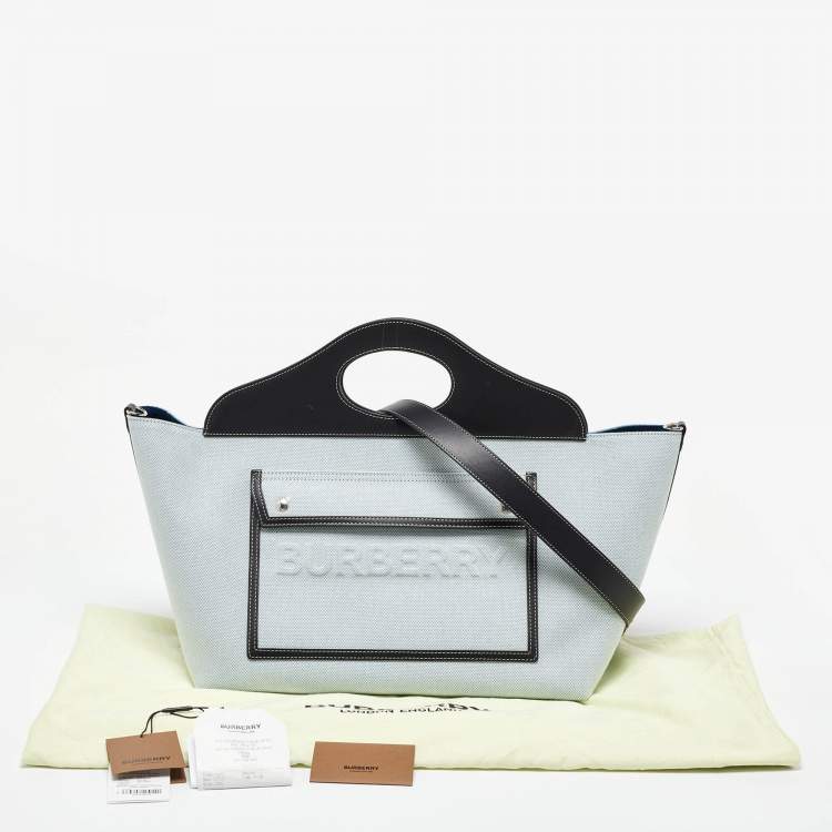 Pre Owned Burberry Blue/Black Canvas and Leather Soft Pocket Debossed Logo Tote