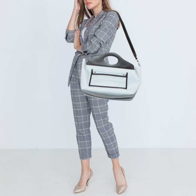 Pre Owned Burberry Blue/Black Canvas and Leather Soft Pocket Debossed Logo Tote