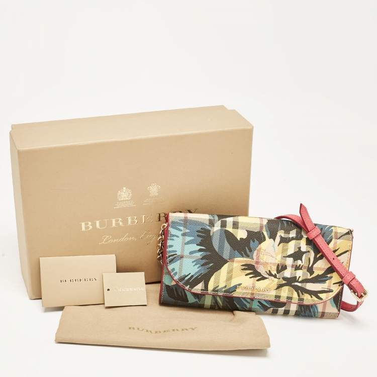Pre Owned Burberry Multicolor Haymarket Check Floral Coated Canvas and Leather Izzy Wallet on Chain