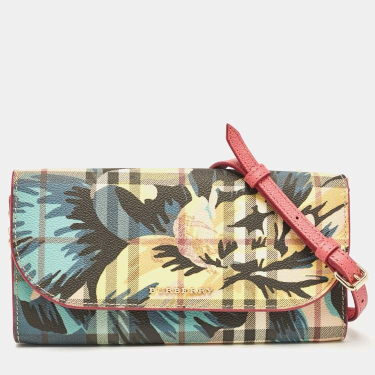 Pre Owned Burberry Multicolor Haymarket Check Floral Coated Canvas and Leather Izzy Wallet on Chain