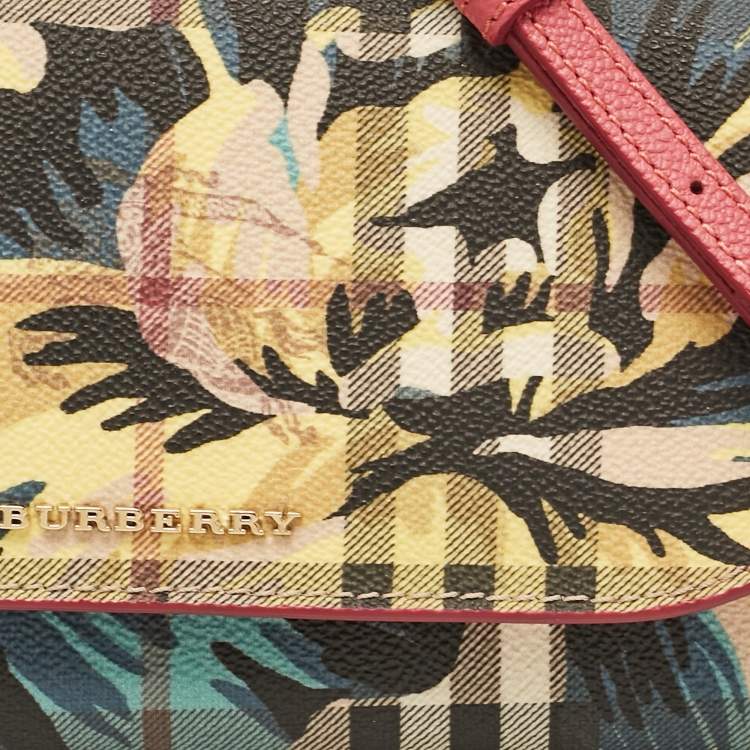 Pre Owned Burberry Multicolor Haymarket Check Floral Coated Canvas and Leather Izzy Wallet on Chain