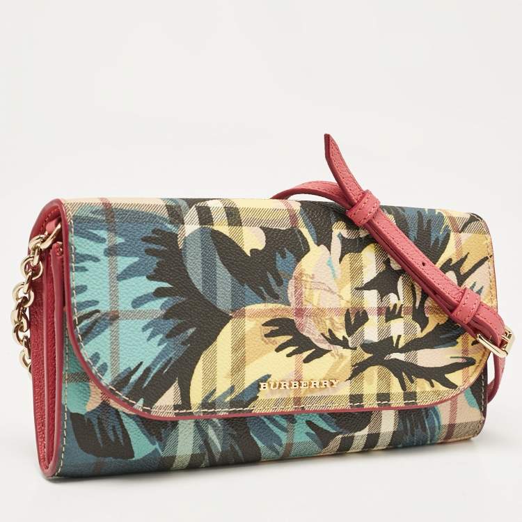 Pre Owned Burberry Multicolor Haymarket Check Floral Coated Canvas and Leather Izzy Wallet on Chain