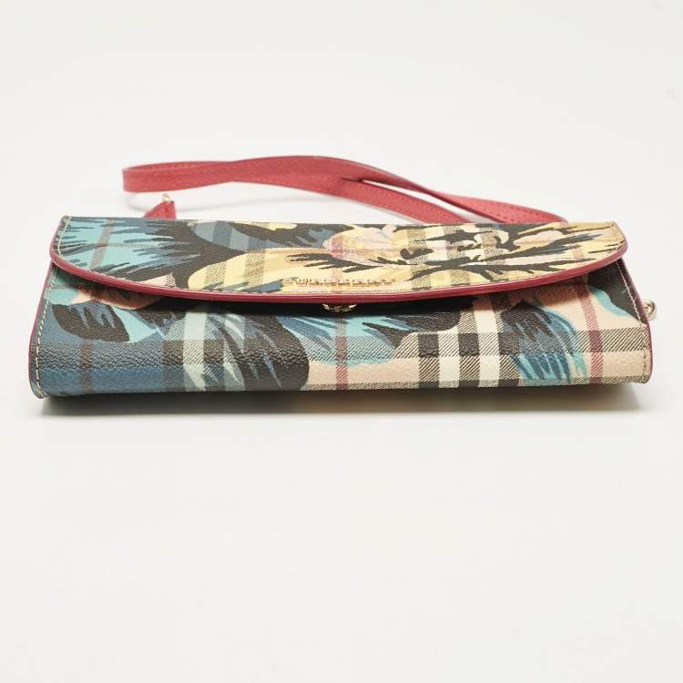 Pre Owned Burberry Multicolor Haymarket Check Floral Coated Canvas and Leather Izzy Wallet on Chain