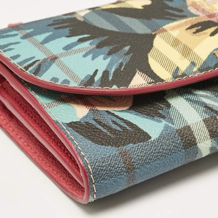 Pre Owned Burberry Multicolor Haymarket Check Floral Coated Canvas and Leather Izzy Wallet on Chain