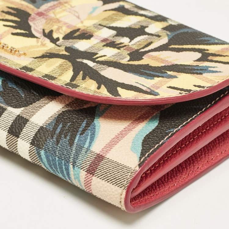 Pre Owned Burberry Multicolor Haymarket Check Floral Coated Canvas and Leather Izzy Wallet on Chain