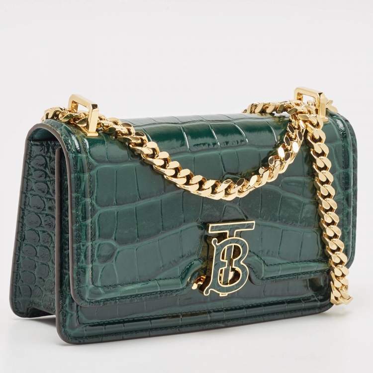 Pre Owned Burberry Green Croc Embossed Patent Leather TB Elongated Chain Bag