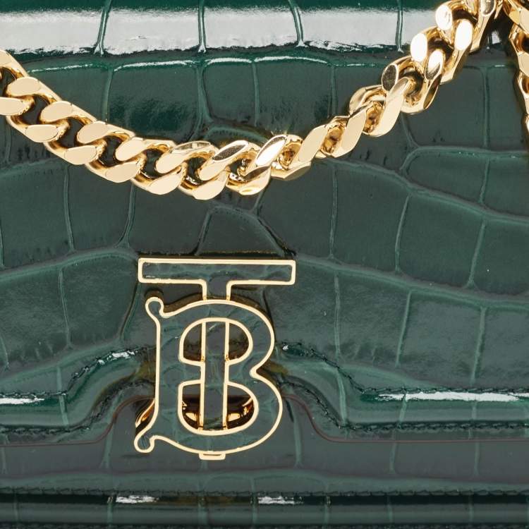 Pre Owned Burberry Green Croc Embossed Patent Leather TB Elongated Chain Bag