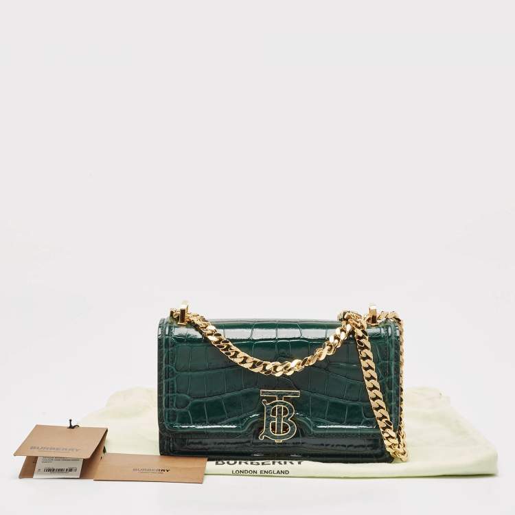 Pre Owned Burberry Green Croc Embossed Patent Leather TB Elongated Chain Bag