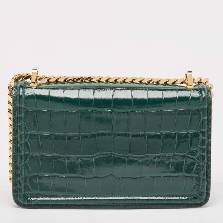 Pre Owned Burberry Green Croc Embossed Patent Leather TB Elongated Chain Bag