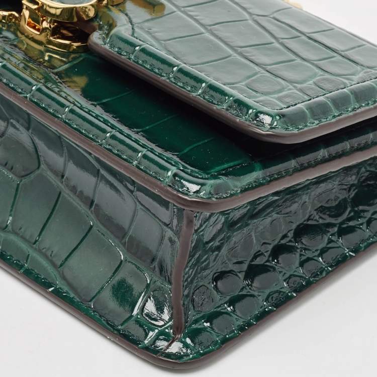 Pre Owned Burberry Green Croc Embossed Patent Leather TB Elongated Chain Bag