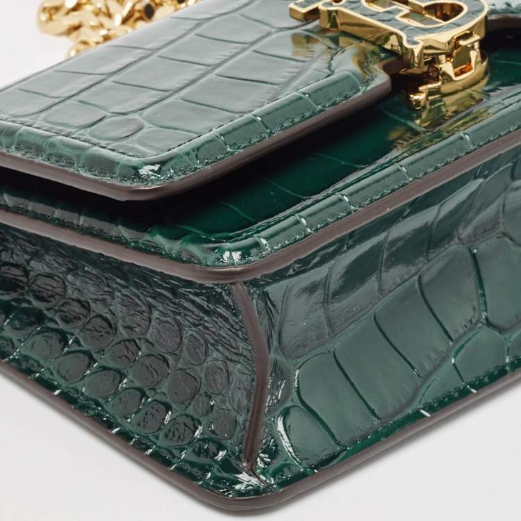 Pre Owned Burberry Green Croc Embossed Patent Leather TB Elongated Chain Bag
