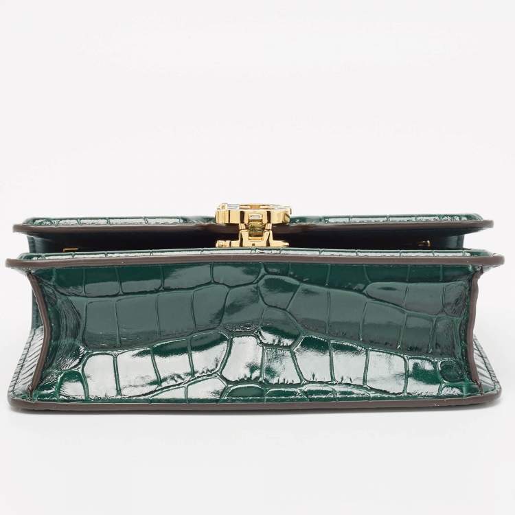 Pre Owned Burberry Green Croc Embossed Patent Leather TB Elongated Chain Bag