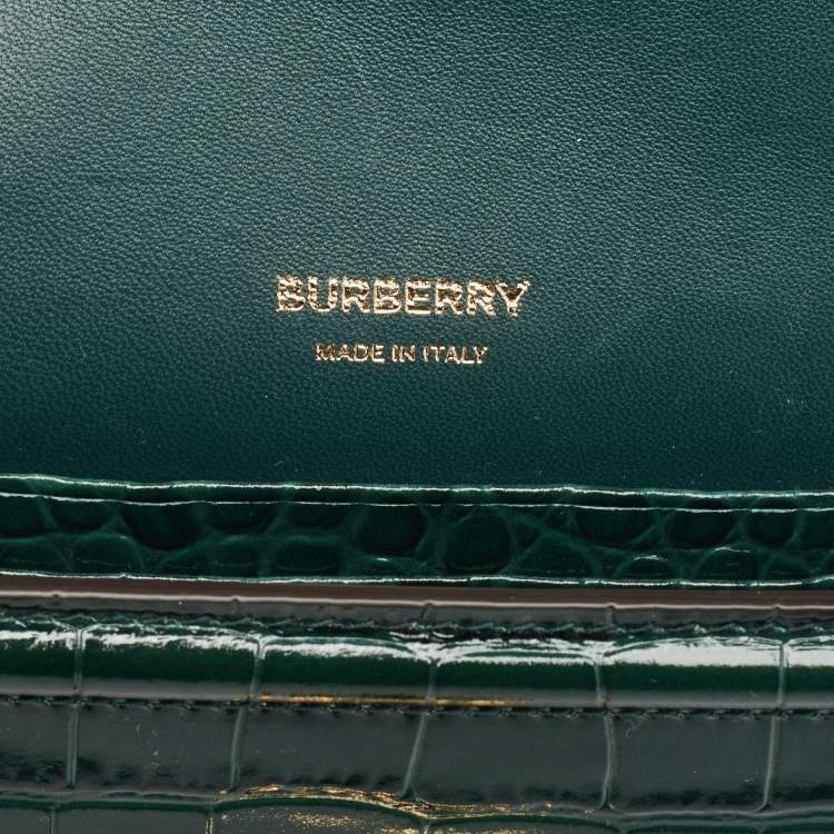 Pre Owned Burberry Green Croc Embossed Patent Leather TB Elongated Chain Bag