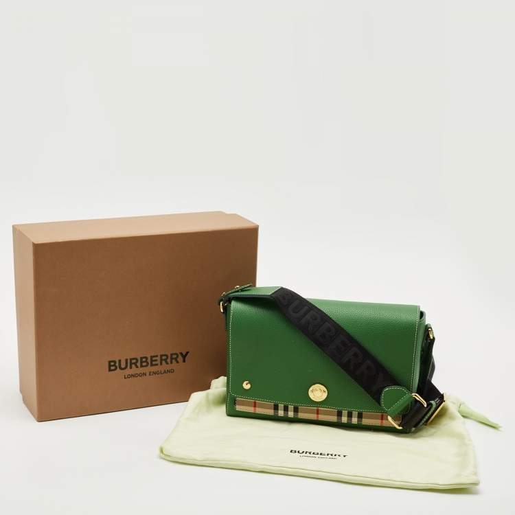 Pre Owned Burberry Green/Beige Check Canvas and Leather Note Shoulder Bag