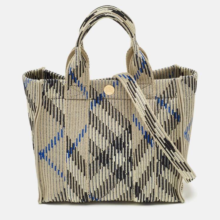 Pre Owned Burberry Grey Knitted Checked Mini Tote