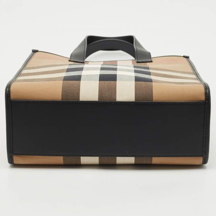 Pre Owned Burberry Black/Beige House Check Fabric Small N/S Book Tote