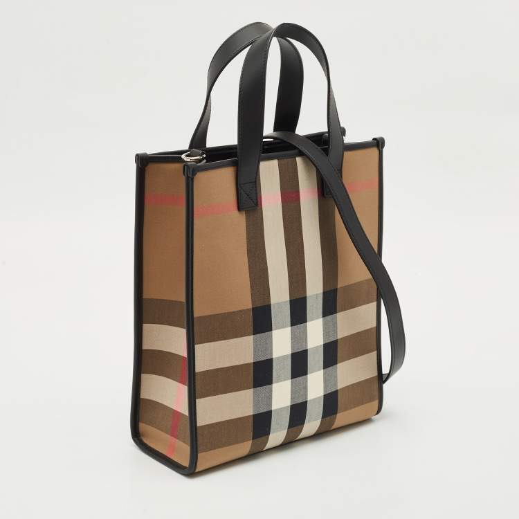 Pre Owned Burberry Black/Beige House Check Fabric Small N/S Book Tote