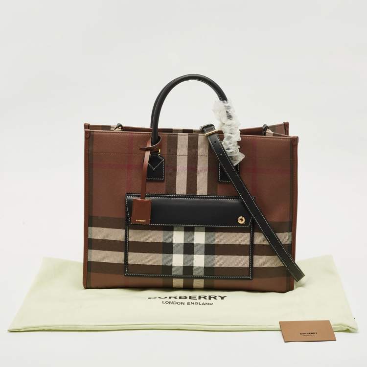 Pre Owned Burberry Brown/Black Check Coated Canvas and Leather Medium Freya Tote