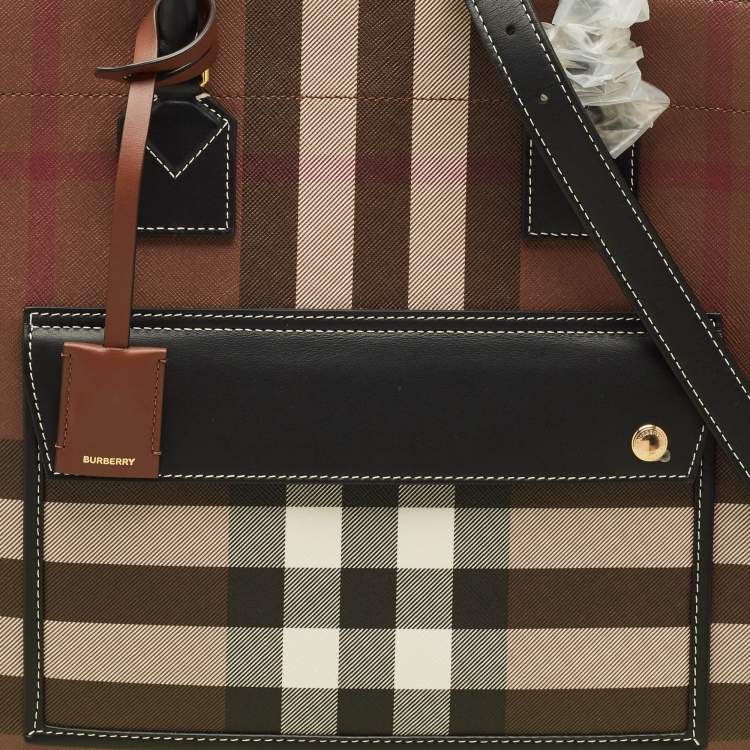 Pre Owned Burberry Brown/Black Check Coated Canvas and Leather Medium Freya Tote