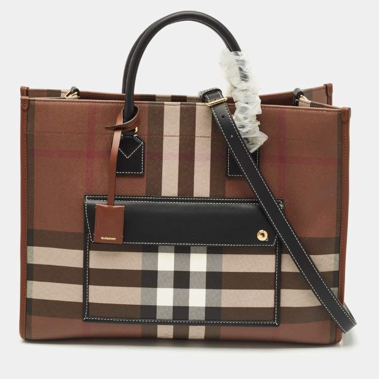 Pre Owned Burberry Brown/Black Check Coated Canvas and Leather Medium Freya Tote