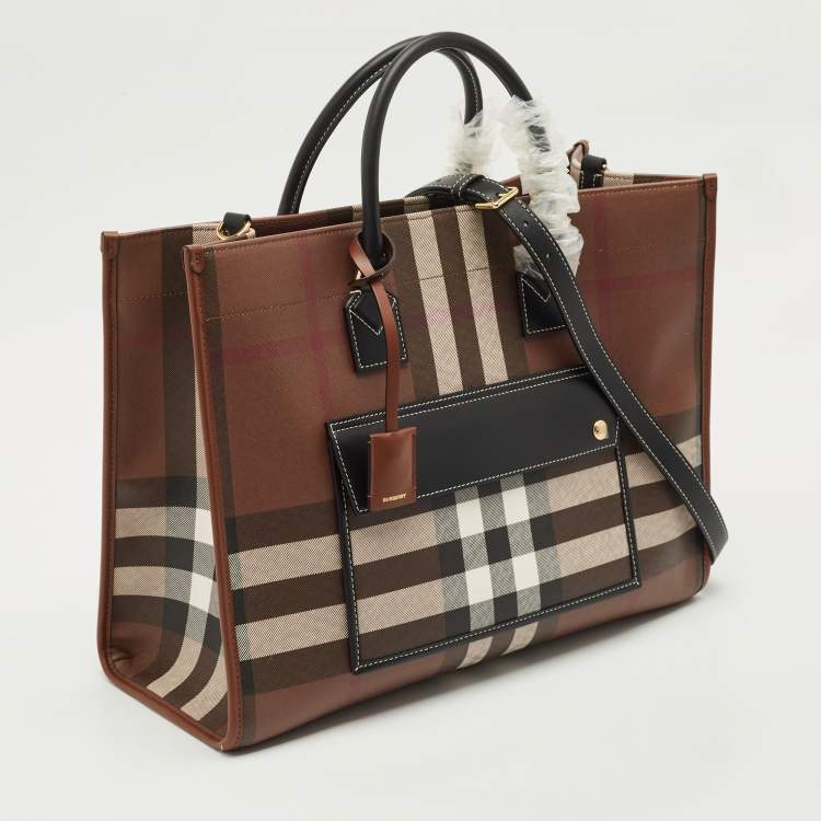 Pre Owned Burberry Brown/Black Check Coated Canvas and Leather Medium Freya Tote