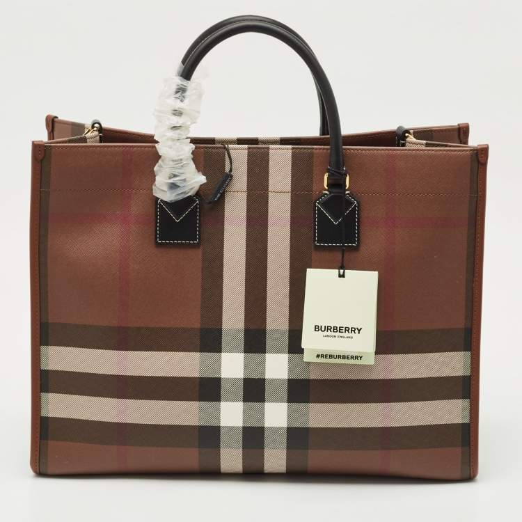 Pre Owned Burberry Brown/Black Check Coated Canvas and Leather Medium Freya Tote