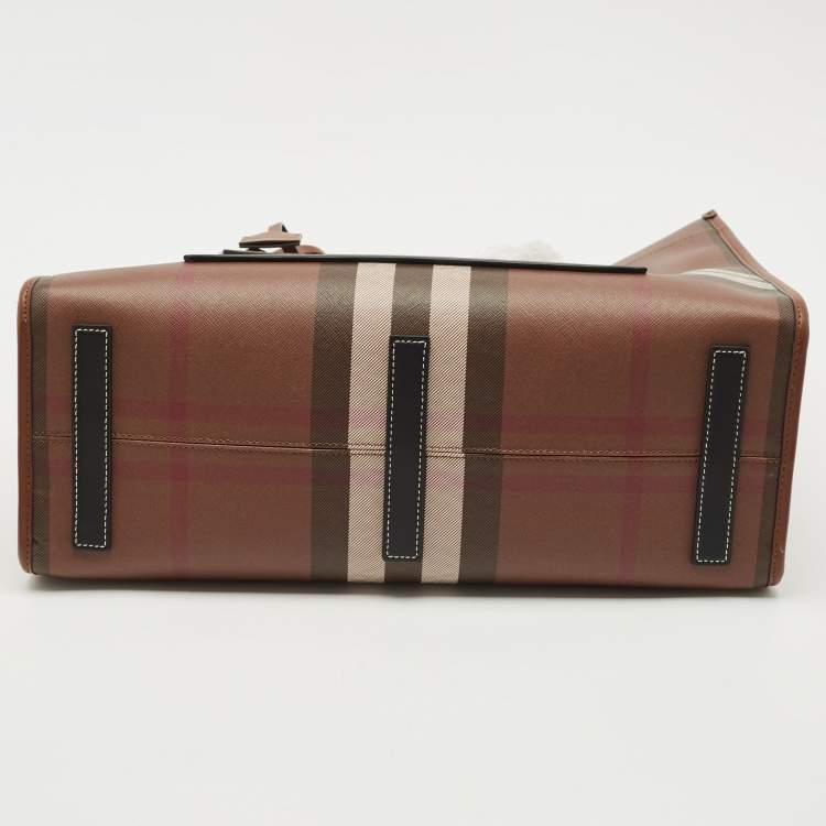 Pre Owned Burberry Brown/Black Check Coated Canvas and Leather Medium Freya Tote