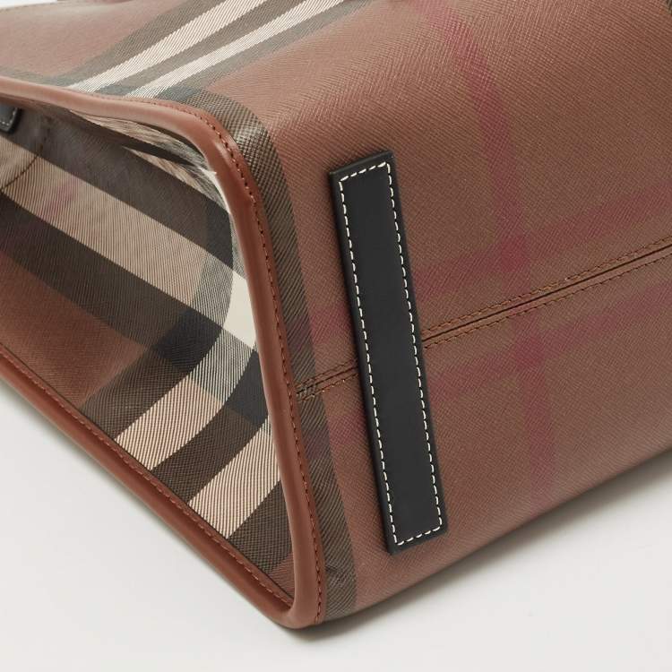 Pre Owned Burberry Brown/Black Check Coated Canvas and Leather Medium Freya Tote