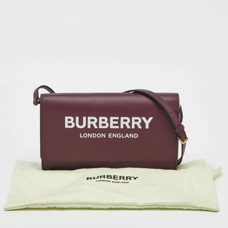 Pre Owned Burberry Burgundy Leather Logo Flap Wallet Crossbody Bag